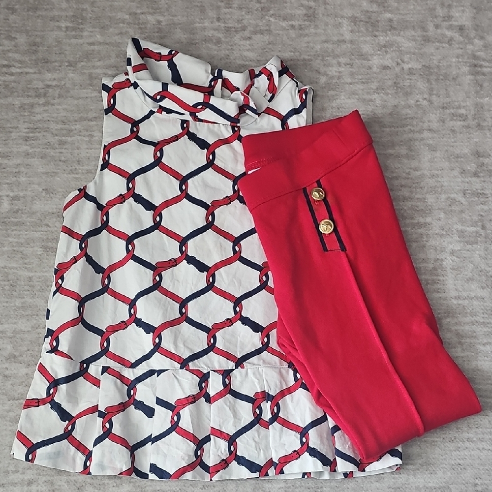 Janie and Jack Red and Navy Chain Print Blouse and Pants